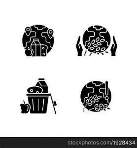 World hunger issues black glyph icons set on white space. Global harvest wilt. International allocation. Starvation relief organizations. Silhouette symbols. Vector isolated illustration. World hunger issues black glyph icons set on white space
