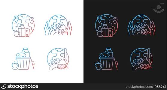 World hunger issues gradient icons set for dark and light mode. Global harvest wilt. Thin line contour symbols bundle. Isolated vector outline illustrations collection on black and white. World hunger issues gradient icons set for dark and light mode