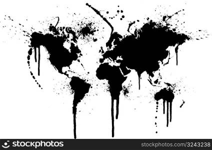 World ink splatter vector illustration. Original world map trace with grunge ink splatters.