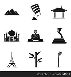 World journey icons set. Simple set of 9 world journey vector icons for web isolated on white background. World journey icons set, simple style
