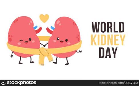 World kidney day card, vector illustration with cute cartoon couple of kidney in yellow scarf.