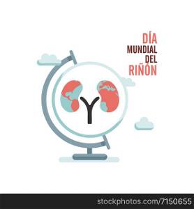 World kidney day with earth globe and clouds in spanish text. Isolated vector illustration