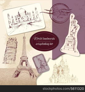 World landmark sketch scrapbooking kit with stickers badges and drawings vector illustration.