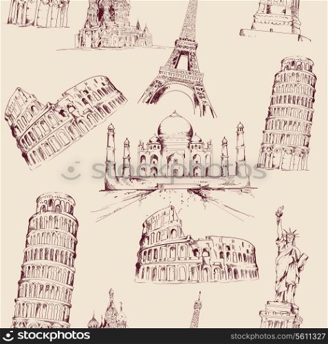 World landmark sketch seamless pattern with famous architecture culture buildings vector illustration