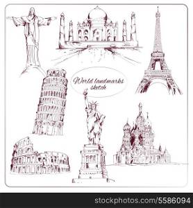 World landmark sketch set of eiffel tower kremlin statue of liberty isolated vector illustration