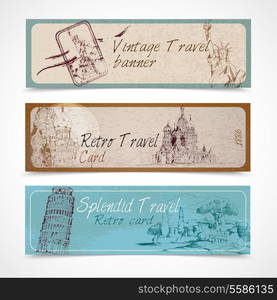 World landmark vintage retro splendid travel card banners set isolated vector illustration.