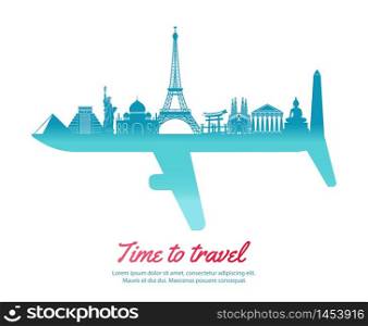 world landmarks and part of another side look like plane symbol by concept art,vector illustration
