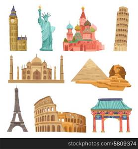 World landmarks flat icons decorative set with colosseum taj mahal pisa tower isolated vector illustration. World Landmarks Set