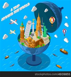 World Landmarks In Globe Isometric Poster. International travel company isometric advertisement poster with world famous landmarks in terrestrial globe composition abstract vector illustration