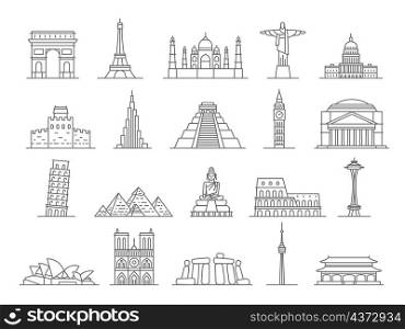 World landmarks line icons, big ben, eiffel tower and pyramids. Europe famous monuments, italy, france and england travel places vector set. Icons of world sightseeing, big ben landmark. World landmarks line icons, big ben, eiffel tower and pyramids. Europe famous monuments, italy, france and england travel places vector set