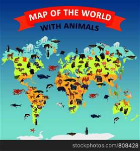World map animal concept background. Cartoon illustration of world map animal vector concept background for web design. World map animal concept background, cartoon style