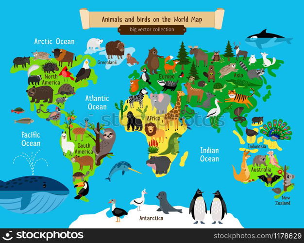 World Map Animals. Europe and Asia, South and North America, Australia and Africa and ocean Animals geography map vector illustration for kids. World Map Animals. Europe and Asia, South and North America, Australia and Africa Animals map vector illustration