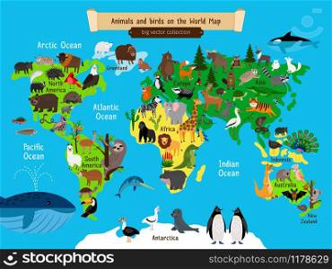 World Map Animals. Europe and Asia, South and North America, Australia and Africa and ocean Animals geography map vector illustration for kids. World Map Animals. Europe and Asia, South and North America, Australia and Africa Animals map vector illustration