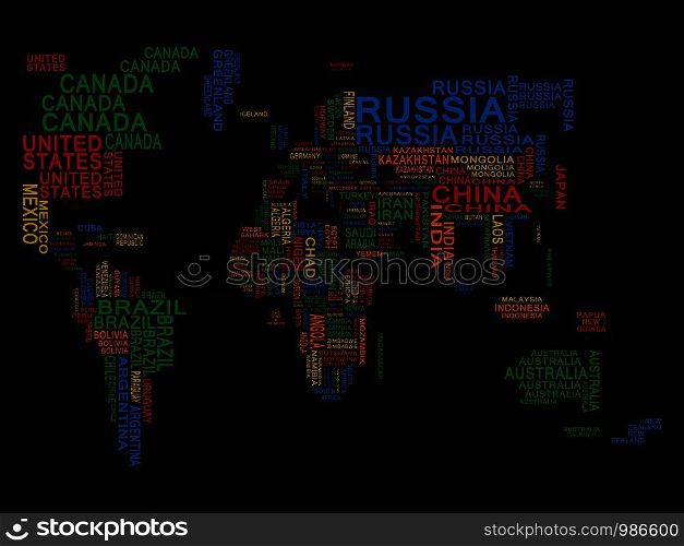 World map. Colored on a Black background