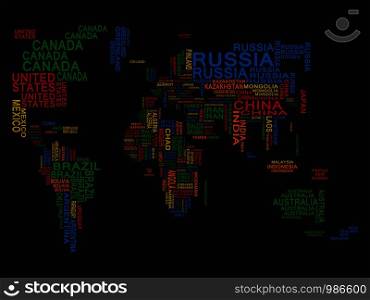 World map. Colored on a Black background