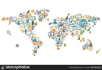 World map composed from social web icons and device