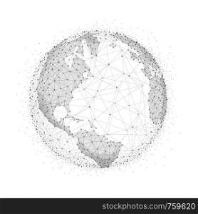World map globe illustration in blockchain technology network style. Block chain polygon peer to peer network connected lines technique. Global cryptocurrency fintech business concept.. World globe in blockchain technology network style.