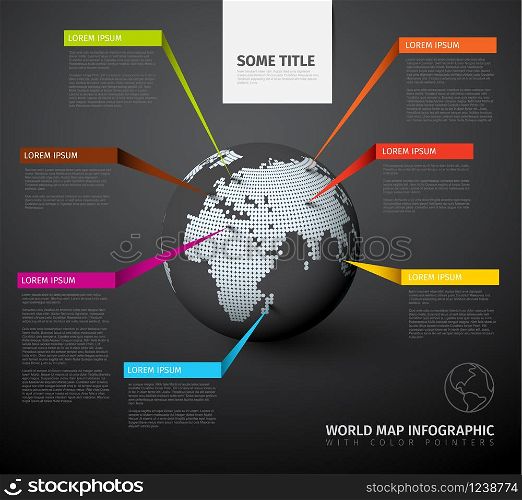 World map globe with pointer marks - dark version, with colorful labels. Modern world map globe infographic. World map globe with pointer marks
