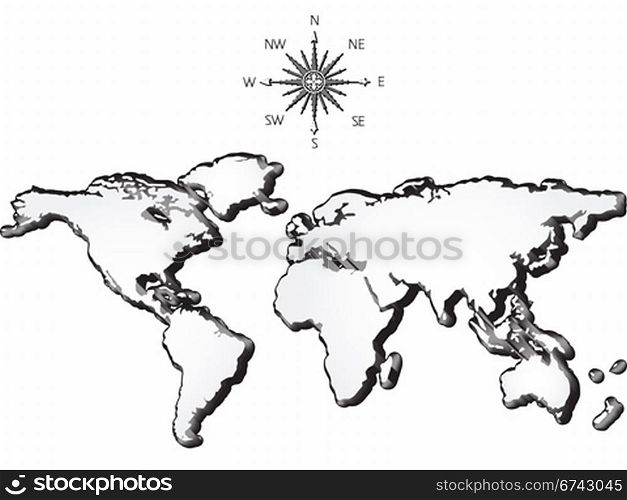 world map grunge and wind rose against white background, abstract vector art illustration