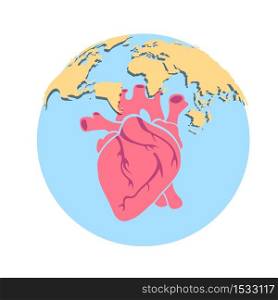 World map human heart vector illustration. Global human race health concept. One earth one heart.