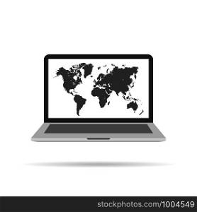 World map in laptop icon with shadow