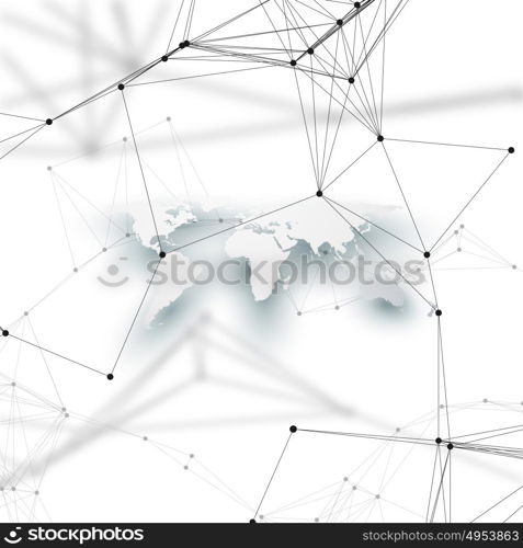 World map in perspective with shadow on white. Abstract global network connections, geometric design technology concept background. Chemistry pattern, molecule structure, connecting lines and dots.. World map in perspective with shadow on white. Abstract global network connections, geometric design technology concept background. Chemistry pattern, molecule structure, connecting lines and dots