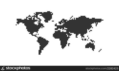 World map in pixel art style. Globe flat 8-bit icon. Vector isolated black illustration