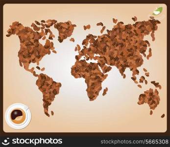 World map made of coffee beans with cup of coffee, vector