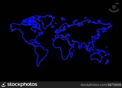 World map neon sign. Bright glowing symbol on a black background. Neon style icon.