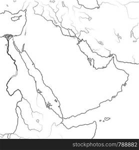 World Map of ARABIAN PENINSULA: The Middle East, Arab World, Saudi Arabia, Iraq, Syria, Mesopotamia, Persia, The Emirates, Persian Gulf, Red Sea, Indian Ocean. Geographic chart with sea coastline.