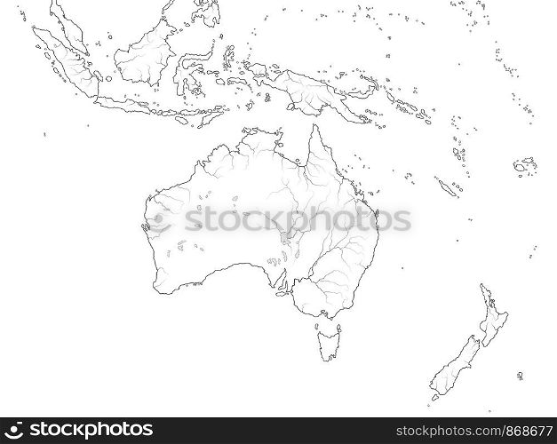 World Map of AUSTRALASIA REGION: Australia, New Guinea, New Zealand, Oceania, Indonesia, Polynesia, Pacific Ocean. Geographic chart with coastline, archipelago, coral reefs & seas, isles & islands.