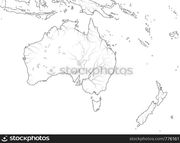World Map of AUSTRALIA CONTINENT: Australia, New Zealand, Oceania, Micronesia, Melanesia, Polynesia, Pacific Ocean. Geographic chart with coastline, archipelago, coral reefs & seas, isles & islands.