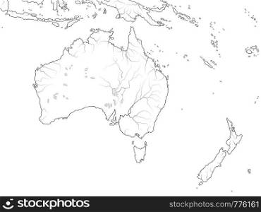 World Map of AUSTRALIA CONTINENT: Australia, New Zealand, Oceania, Micronesia, Melanesia, Polynesia, Pacific Ocean. Geographic chart with coastline, archipelago, coral reefs & seas, isles & islands.