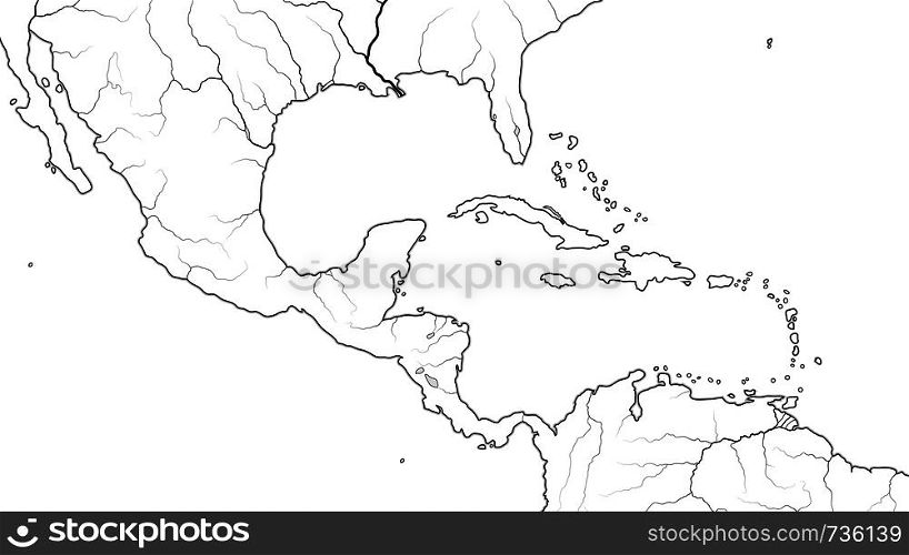 World Map of CENTRAL AMERICA and CARIBBEAN BASIN REGION: Mexico, Cuba, Guatemala, Yucatan, Caribbean Islands, Antilles, Bahamas, Panama Canal. Geographic chart with coastline, sea, gulf, islands.