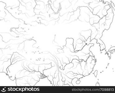 World Map of CHINA: The Far East, The Celestial Empire, China, Tibet, Dzungaria, Mongolia, Korea, Manchuria, Siberia, Yakutia, Buryatia, Taiwan, South seas. Geographic chart with coastline and rivers.