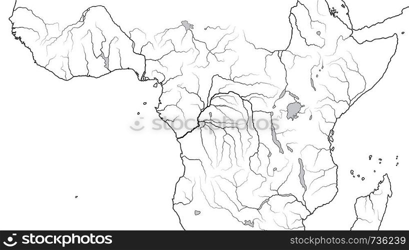World Map of EQUATORIAL AFRICA REGION: Central Africa, Congo, Zaire, Nigeria, Kenya, Tanzania, Kilimanjaro, Lake Tanganyika, Lake Malawi, Sudan, Somalia. Geographic chart with coastline and rivers.