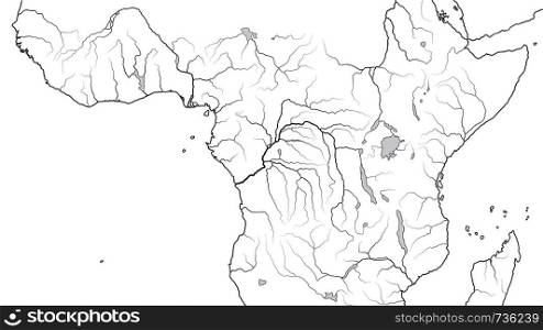 World Map of EQUATORIAL AFRICA REGION: Central Africa, Congo, Zaire, Nigeria, Kenya, Tanzania, Kilimanjaro, Lake Tanganyika, Lake Malawi, Sudan, Somalia. Geographic chart with coastline and rivers.