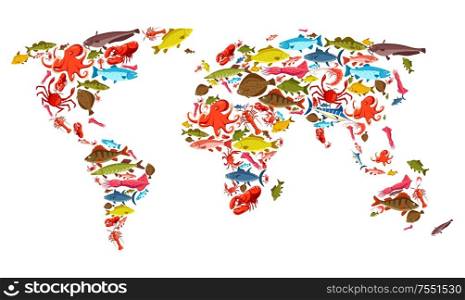 World map of fishes and seafood, sea fishing and ocean fishery industry. Vector fisher seafood and fish catch, river pike and trout, salmon and marlin with squid and octopus seafood, crabs and shrimps. Seafood and big fish catch world map, fishing