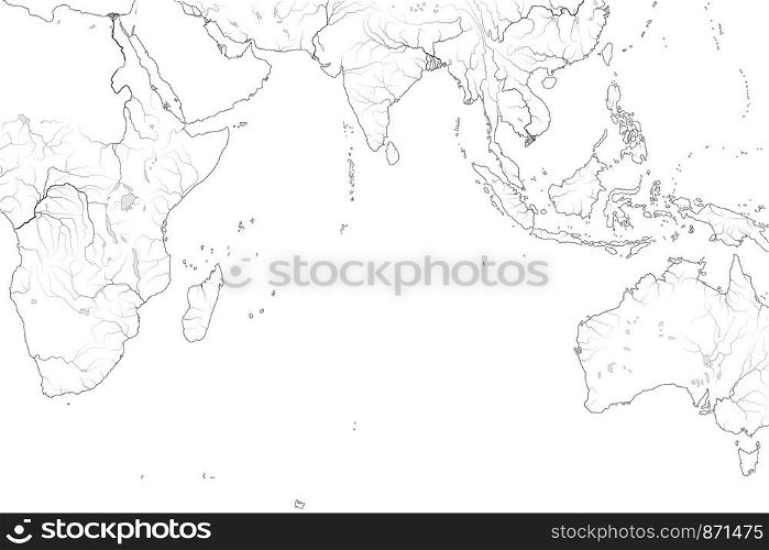 World Map of INDIAN OCEAN: Erythraean Sea, Arabian Sea, Bengal Bay, Sri-Lanka, The Maldives, The Seychelles, Ceylon, India, Africa, Australia, Indonesia, Madagascar. Geographic chart with coastline.