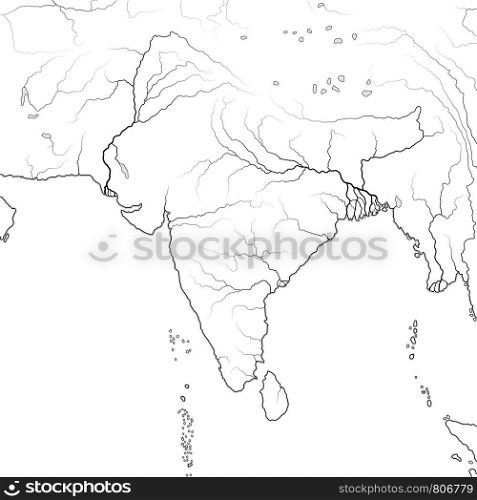 World Map of INDIAN SUBCONTINENT in SOUTH ASIA: India, Pakistan, Nepal, Himalayas, Tibet, Bengal, Ceylon, The Maldives, Indian Ocean And Hindustan Peninsula. Geographic chart with oceanic coastline.