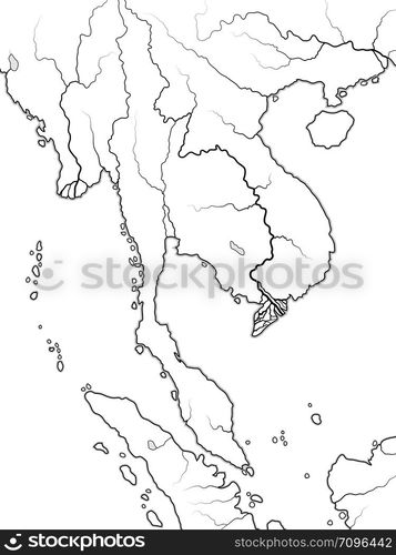 World Map of INDOCHINA: South Asia, Indochinese Peninsula, Thailand, Siam, Vietnam, Laos, Cambodja, Singapore, Malaysia, Malacca, Burma, Myanmar. Geographic chart with coastline, coral seas & isles.