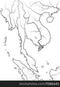 World Map of INDOCHINA: South Asia, Indochinese Peninsula, Thailand, Siam, Vietnam, Laos, Cambodja, Singapore, Malaysia, Malacca, Burma, Myanmar. Geographic chart with coastline, coral seas & isles.