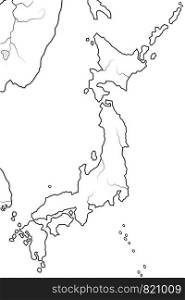 "World Map of JAPAN: "Land of the Rising Sun" (endonym: Nippon/Nihon), and its four Large islands: Honshu, Hokkaido, Kyushu, Shikoku. Geographic chart with oceanic coastline and main islands."