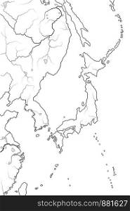 "World Map of JAPANESE Archipelago: "Land of The Rising Sun" Japan (endonym: Nippon/Nihon), and its islands: Honshu, Hokkaido, Kyushu, Shikoku, and Ryukyu isles. Geographic chart with oceanic line."