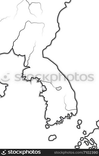 World Map of KOREA: Korea (endonym: Goryeo/Koryo), South Korea (endonym: Hanguk/Daehan), North Korea (endonym: Choson). Geographic chart with sea coastline and peninsula.