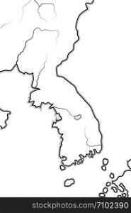 World Map of KOREA: Korea (endonym: Goryeo/Koryo), South Korea (endonym: Hanguk/Daehan), North Korea (endonym: Choson). Geographic chart with sea coastline and peninsula.