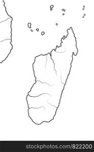 World Map of MADAGASCAR and AFRICA COASTLINE: Madagascar, Zanzibar, Tanzania, South Africa. Geographic chart with oceanic coastline, atolls, isles and islands.