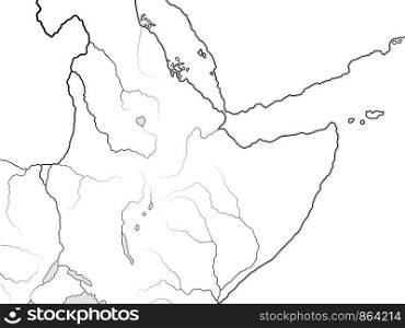 World Map of NUBIA, ETHIOPIA, SOMALIA: Nubia (Kush), Ethiopia (Aksum, Abyssinia), Sudania (Sudan), Somalia (Punt), The Nile valley. Geographic chart with African Horn Peninsula coastline.