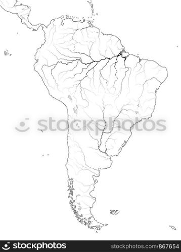 World Map of SOUTH AMERICA: Latin America, Argentina, Brazil, Peru, Andes, Cordilleras, Amazon River, Selva, Llanos, Pampa, Patagonia. Geographic chart of continent with coastline, landscape & rivers.