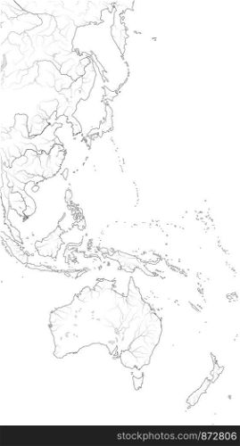 World Map of The PACIFIC OCEAN West coastline: Australasia, Indonesia, Micronesia, Polynesia (Asia-Pacific Region). Geographic chart with coastline, archipelago, coral reefs & seas, isles & islands.